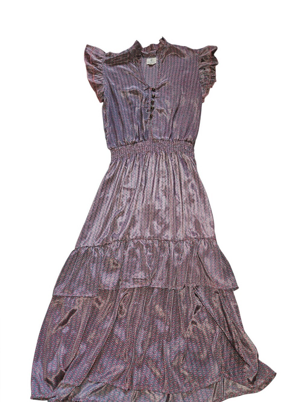 Perry Walker Collective Pink Blue Pattern Tiered Ruffle Silk Dress Size 3 - Picture 2 of 6
